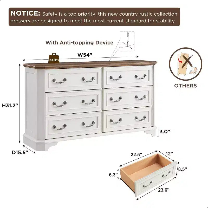 SinCiDo 6 Drawers Dresser for Bedroom, Farmhouse Wood Rustic Chest of Drawers, 54 W Vintage Dressers for Living Room