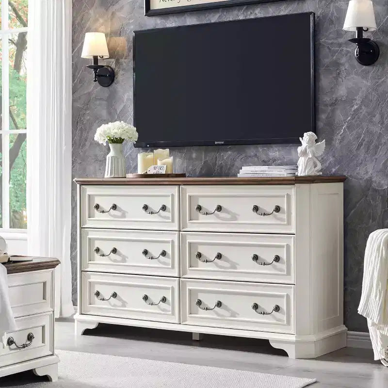 SinCiDo 6 Drawers Dresser for Bedroom, Farmhouse Wood Rustic Chest of Drawers, 54 W Vintage Dressers for Living Room