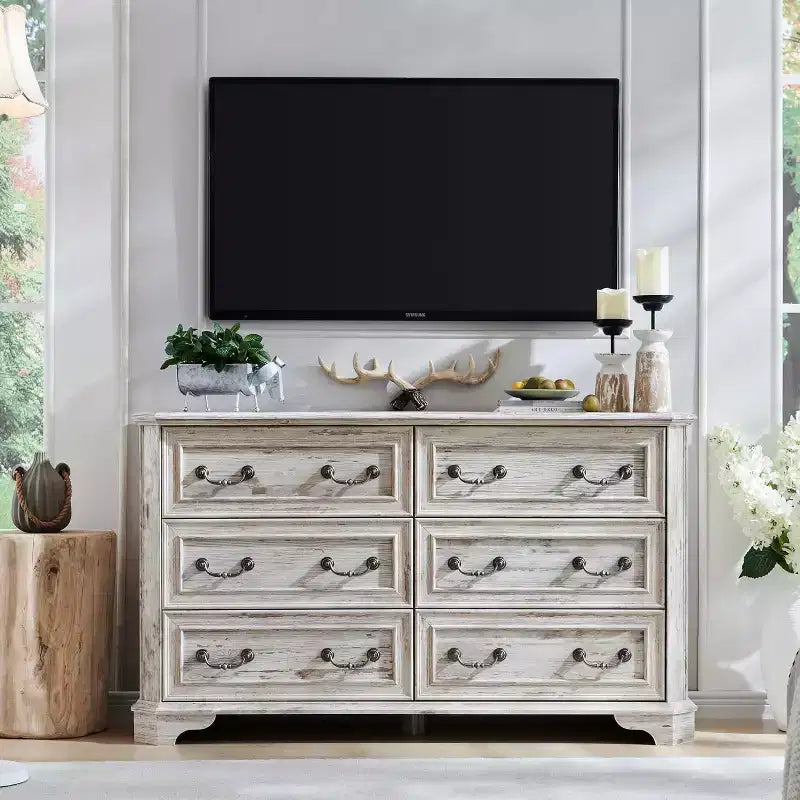 SinCiDo 6 Drawers Dresser for Bedroom, Farmhouse Wood Rustic Chest of Drawers, 54 W Vintage Dressers for Living Room