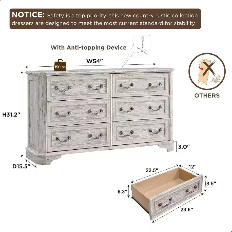 SinCiDo 6 Drawers Dresser for Bedroom, Farmhouse Wood Rustic Chest of Drawers, 54 W Vintage Dressers for Living Room