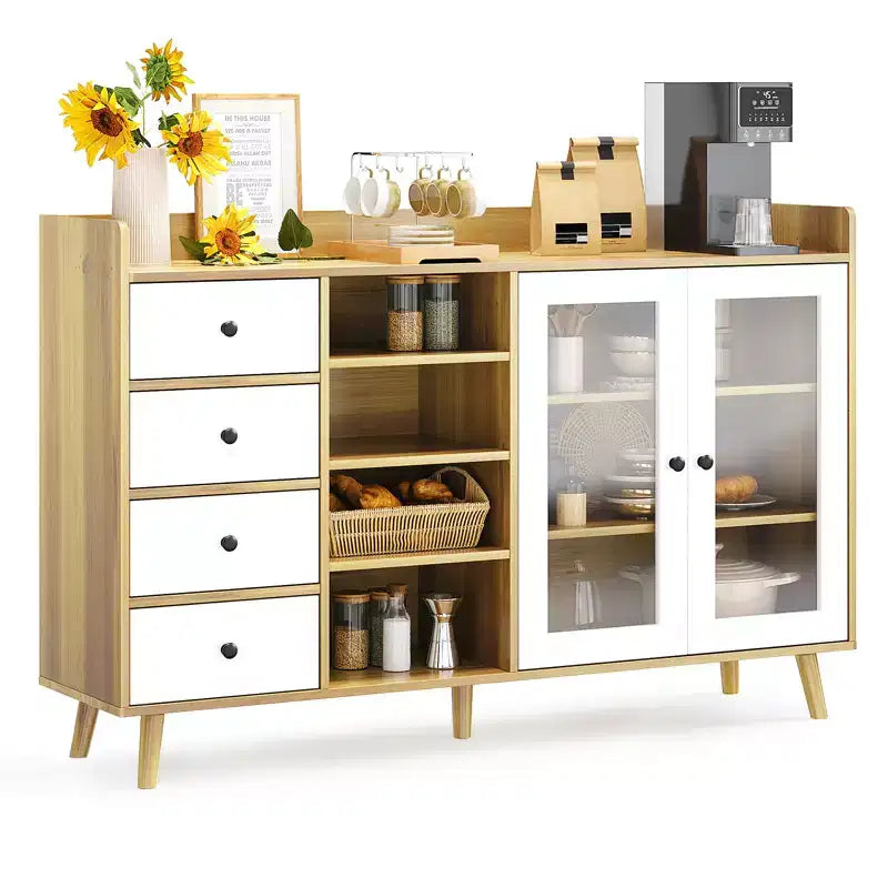 55 Modern Buffet Cabinet  Coffee Bar Station, Adjustable Shelves & Glass Doors for Kitchen/Dining Room