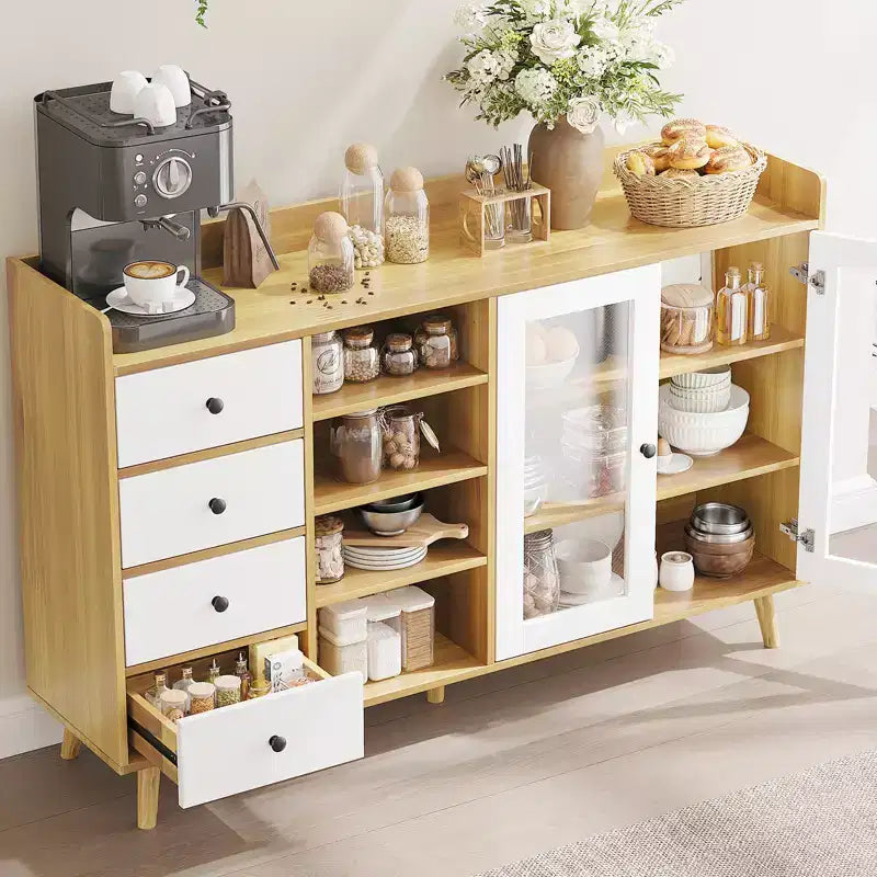 55 Modern Buffet Cabinet  Coffee Bar Station, Adjustable Shelves & Glass Doors for Kitchen/Dining Room