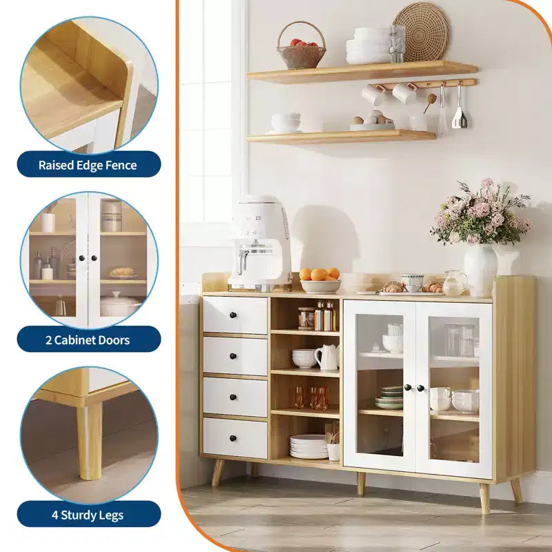 55 Modern Buffet Cabinet  Coffee Bar Station, Adjustable Shelves & Glass Doors for Kitchen/Dining Room