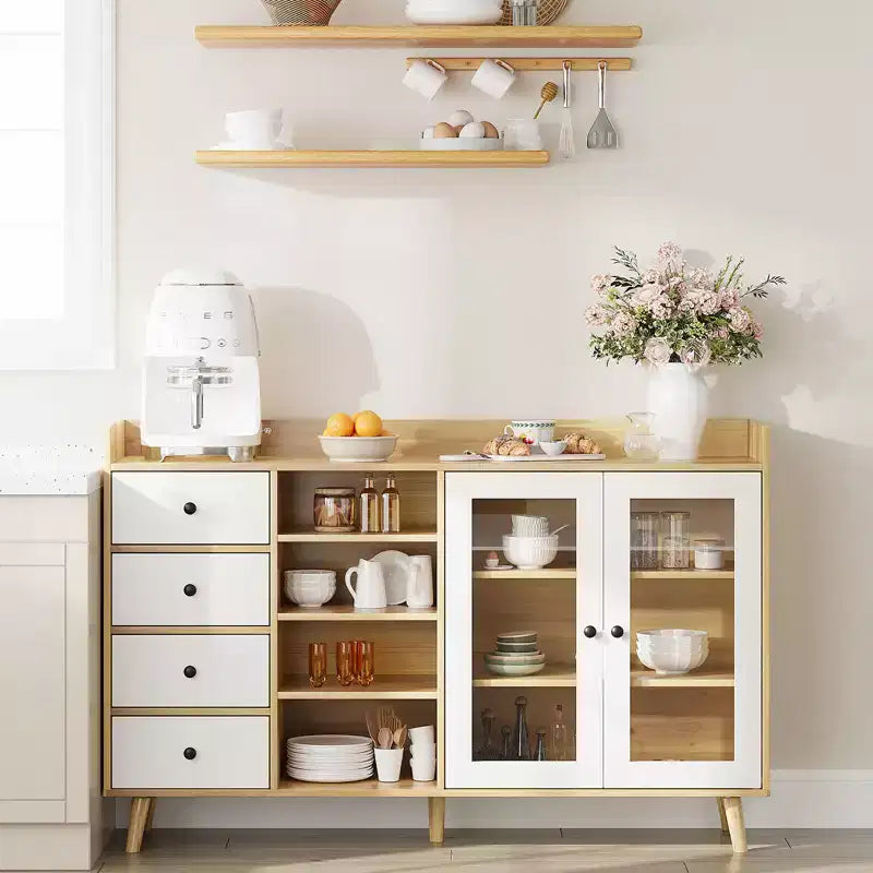 55 Modern Buffet Cabinet  Coffee Bar Station, Adjustable Shelves & Glass Doors for Kitchen/Dining Room