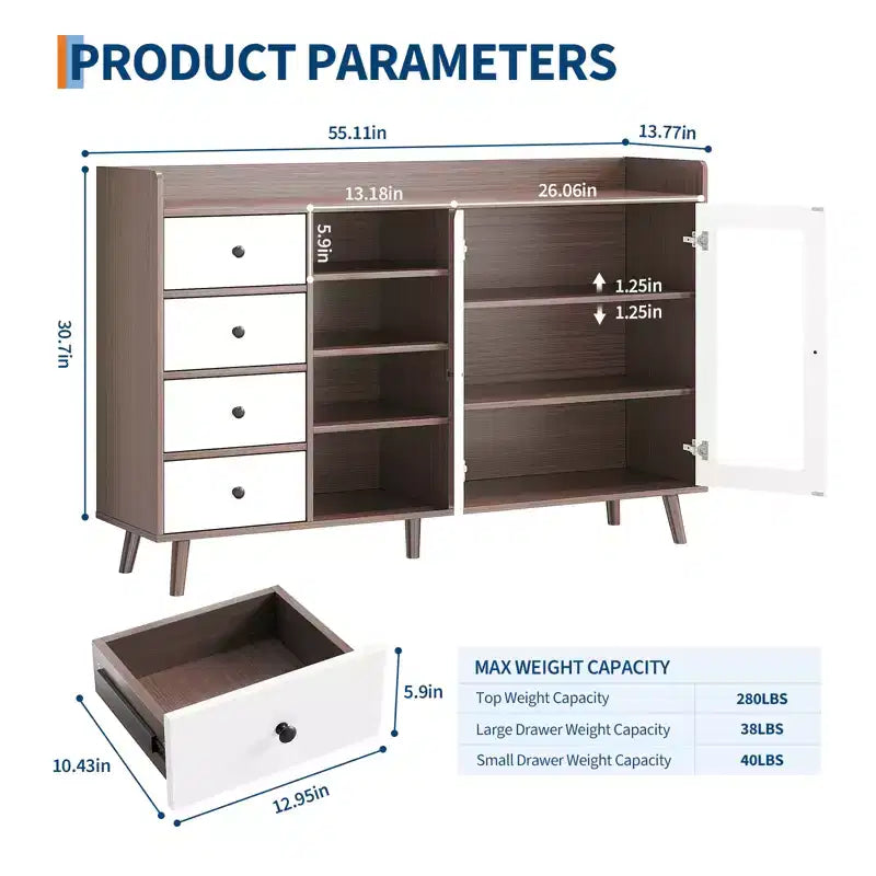 55 Modern Buffet Cabinet  Coffee Bar Station, Adjustable Shelves & Glass Doors for Kitchen/Dining Room