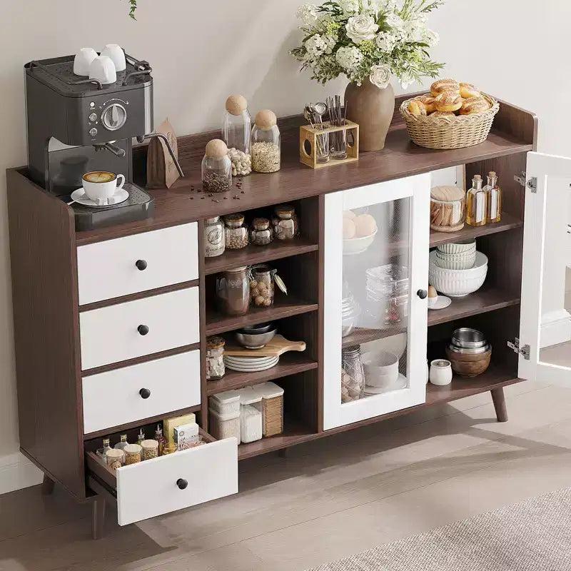 55 Modern Buffet Cabinet  Coffee Bar Station, Adjustable Shelves & Glass Doors for Kitchen/Dining Room