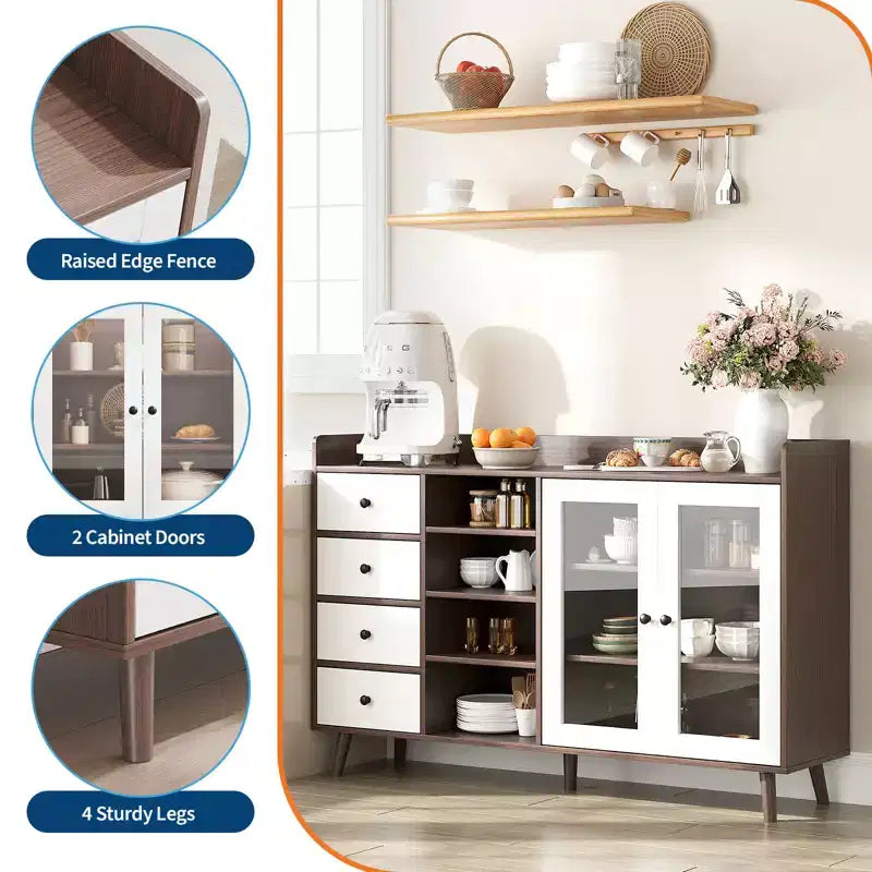 55 Modern Buffet Cabinet  Coffee Bar Station, Adjustable Shelves & Glass Doors for Kitchen/Dining Room