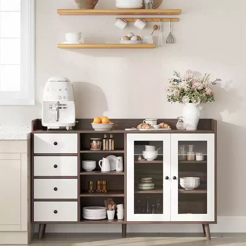 55 Modern Buffet Cabinet  Coffee Bar Station, Adjustable Shelves & Glass Doors for Kitchen/Dining Room