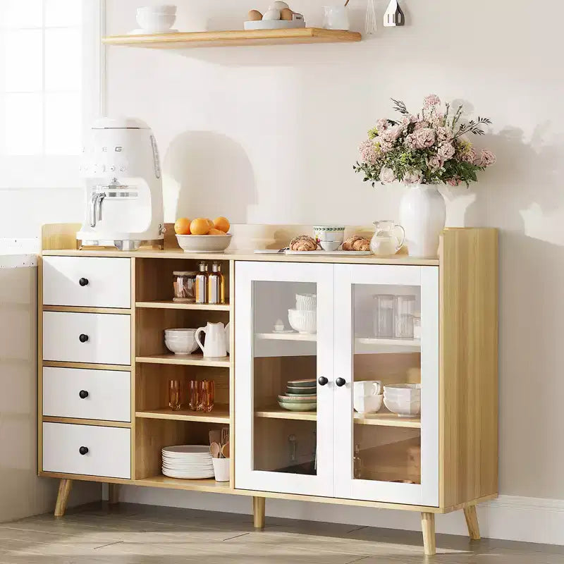 55 Modern Buffet Cabinet  Coffee Bar Station, Adjustable Shelves & Glass Doors for Kitchen/Dining Room