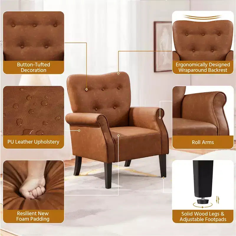 Yaheetech Set of 2 Mid-century Modern Faux Leather Armchair with Tufted High Back for Living Room, Bedroom, Retro Brown