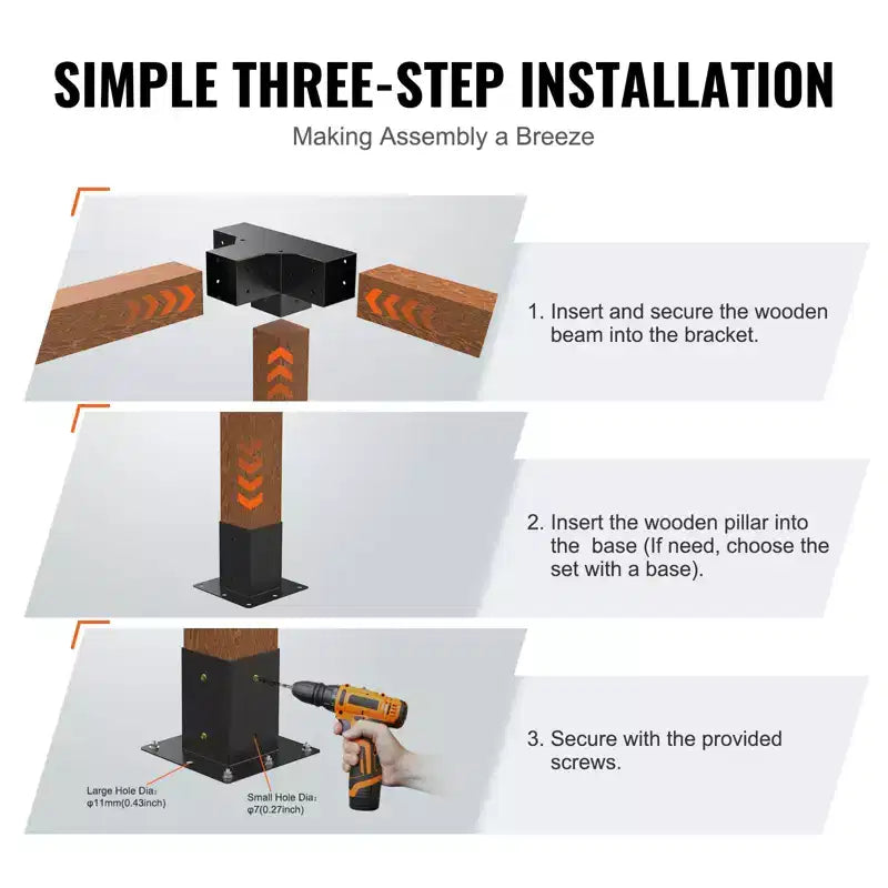 VEVOR Pergola Bracket Kit 4''x4''(Inner Size 3.6x3.6), 2pcs 4-Way Heavy Duty Corner Bracket Woodworks DIY Post Base Kit