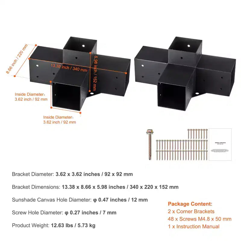 VEVOR Pergola Bracket Kit 4''x4''(Inner Size 3.6x3.6), 2pcs 4-Way Heavy Duty Corner Bracket Woodworks DIY Post Base Kit