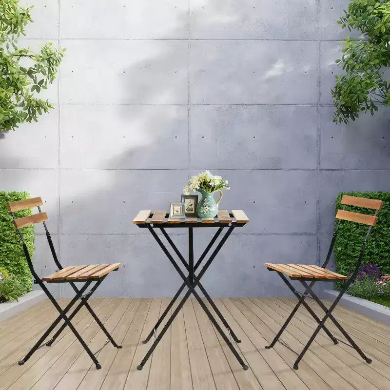 BestMassage 3 Piece Bistro Set Folding Chairs Table with Weather-Resistant Wood, Brown