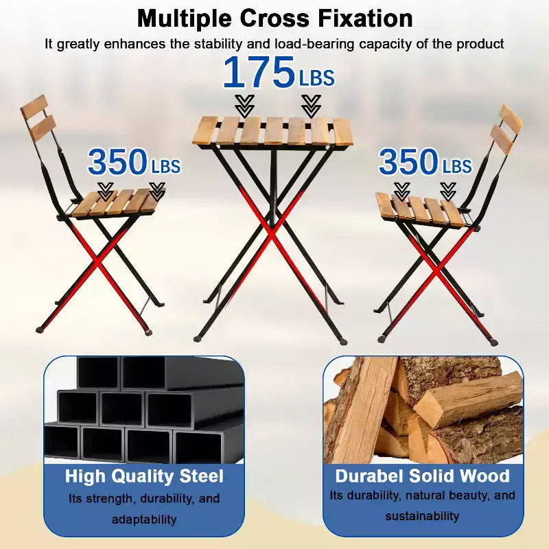 BestMassage 3 Piece Bistro Set Folding Chairs Table with Weather-Resistant Wood, Brown