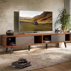 Bestier Mid-Century Modern TV Stand for 80 Inch TV,, 70 Entertainment Center with Sliding Doors for Living Room, Walnut