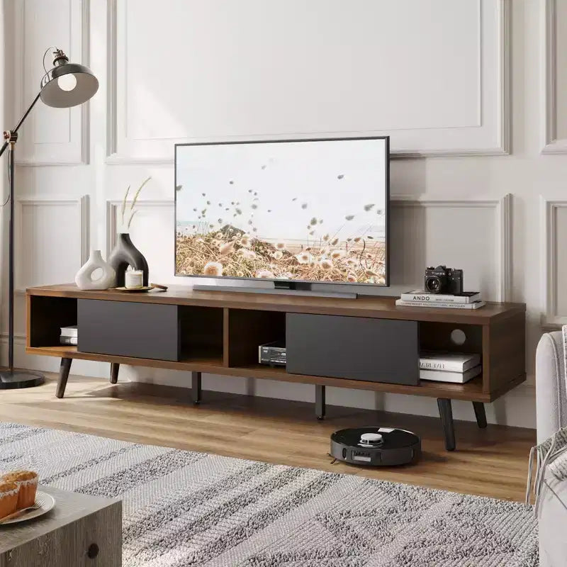 Bestier Mid-Century Modern TV Stand for 80 Inch TV,, 70 Entertainment Center with Sliding Doors for Living Room, Walnut