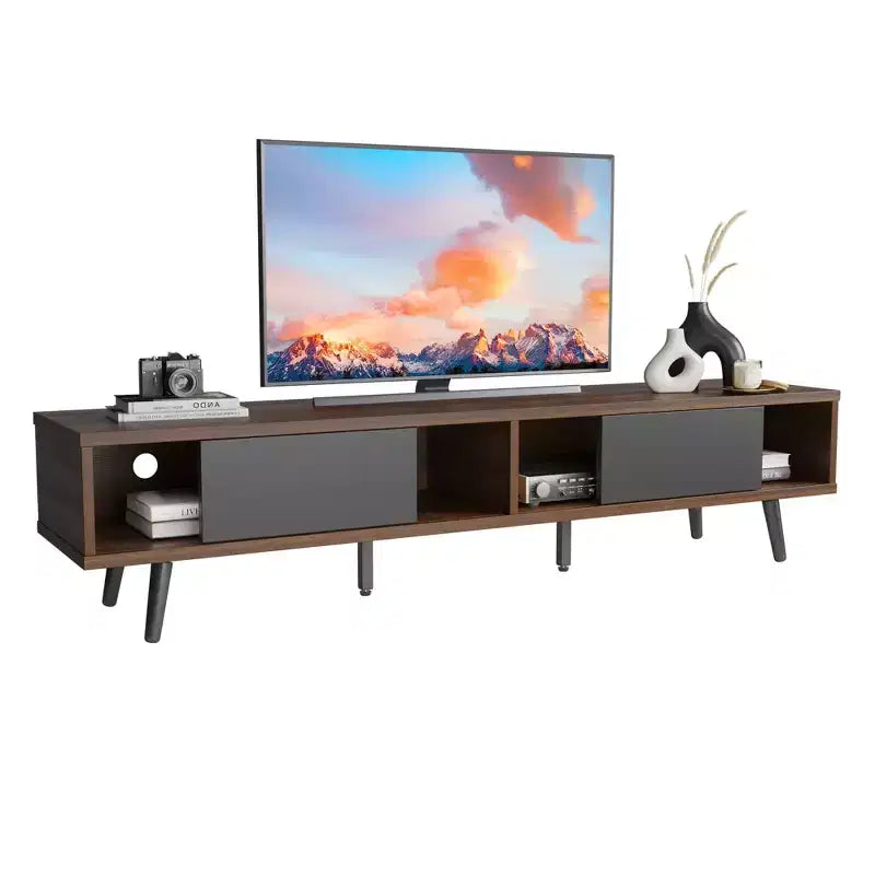 Bestier Mid-Century Modern TV Stand for 80 Inch TV,, 70 Entertainment Center with Sliding Doors for Living Room, Walnut
