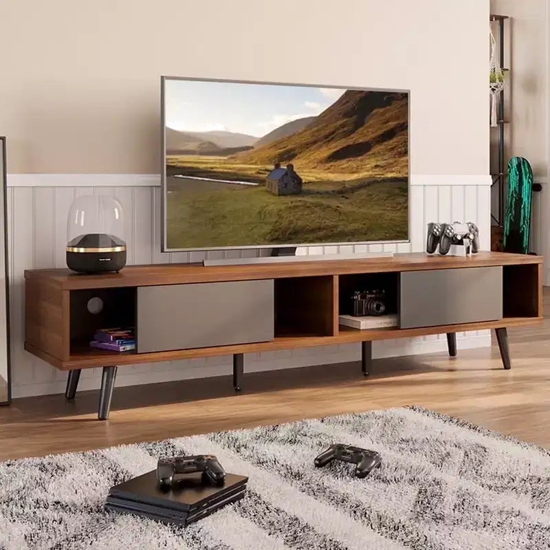 Bestier Mid-Century Modern TV Stand for 80 Inch TV,, 70 Entertainment Center with Sliding Doors for Living Room, Walnut