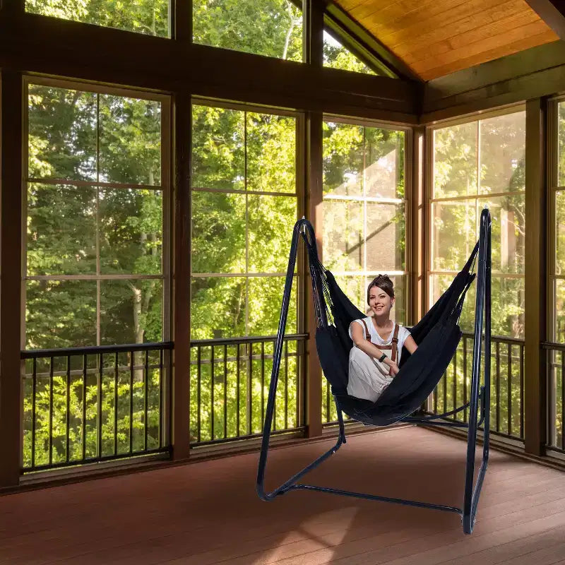 Sunnydaze Indoor or Outdoor Hammock Chair with A-Frame Steel Stand - Anti-Tip Feet for Stability - Black