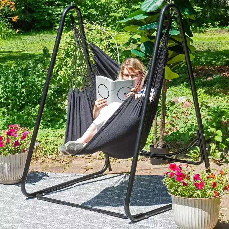 Sunnydaze Indoor or Outdoor Hammock Chair with A-Frame Steel Stand - Anti-Tip Feet for Stability - Black