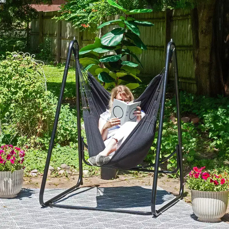 Sunnydaze Indoor or Outdoor Hammock Chair with A-Frame Steel Stand - Anti-Tip Feet for Stability - Black