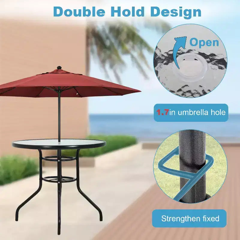BestMassage Outdoor Table Patio Table Tempered Glass Tabletop with Umbrella Hole
