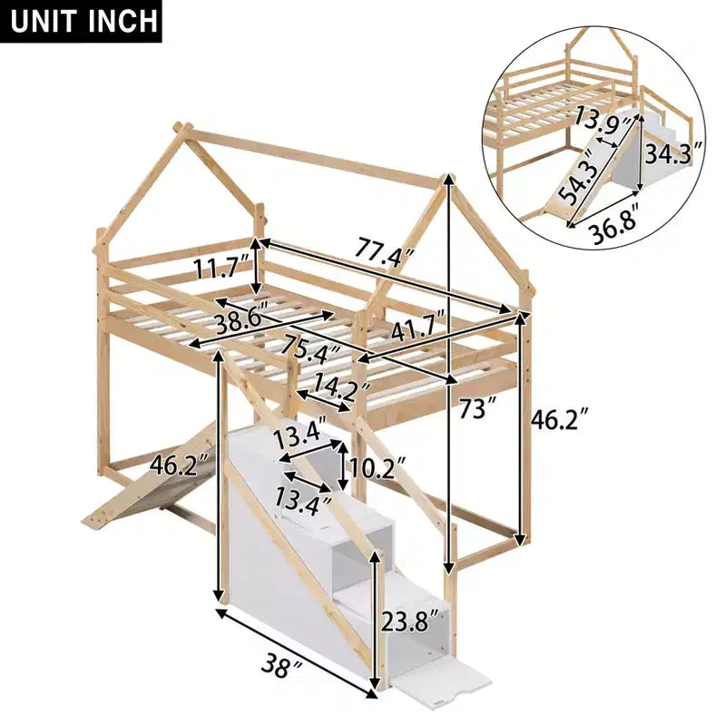 Whisen Twin over Twin Kids' House Bunk Bed with Slide, Stairs & Storage - Solid Pine & MDF, Space-Saving Fun