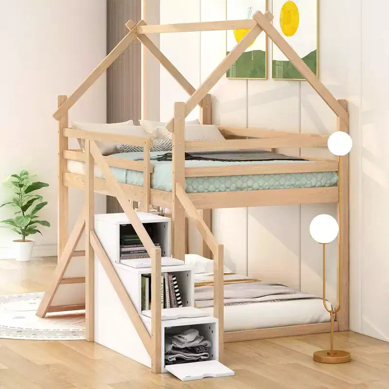 Whisen Twin over Twin Kids' House Bunk Bed with Slide, Stairs & Storage - Solid Pine & MDF, Space-Saving Fun