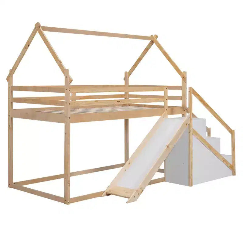 Whisen Twin over Twin Kids' House Bunk Bed with Slide, Stairs & Storage - Solid Pine & MDF, Space-Saving Fun