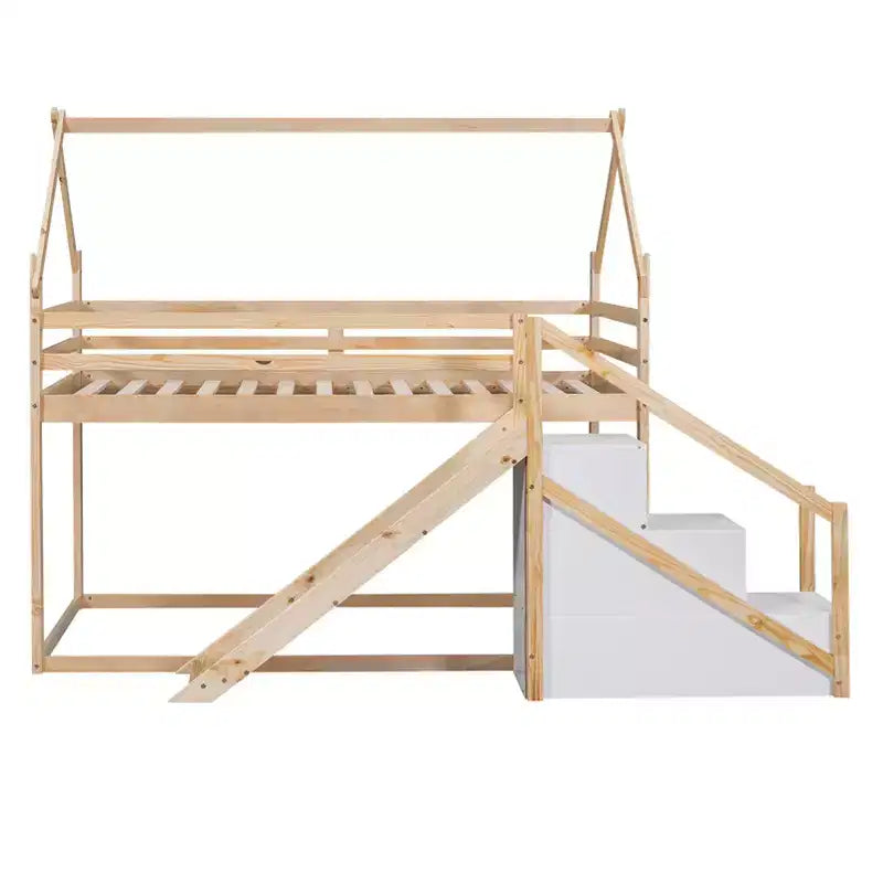 Whisen Twin over Twin Kids' House Bunk Bed with Slide, Stairs & Storage - Solid Pine & MDF, Space-Saving Fun
