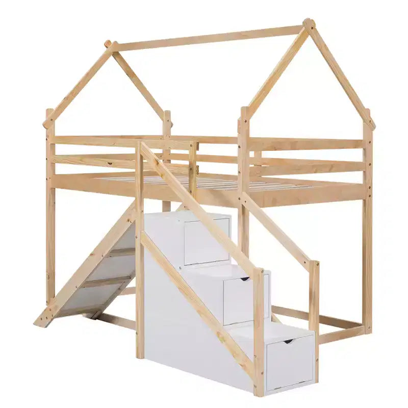 Whisen Twin over Twin Kids' House Bunk Bed with Slide, Stairs & Storage - Solid Pine & MDF, Space-Saving Fun