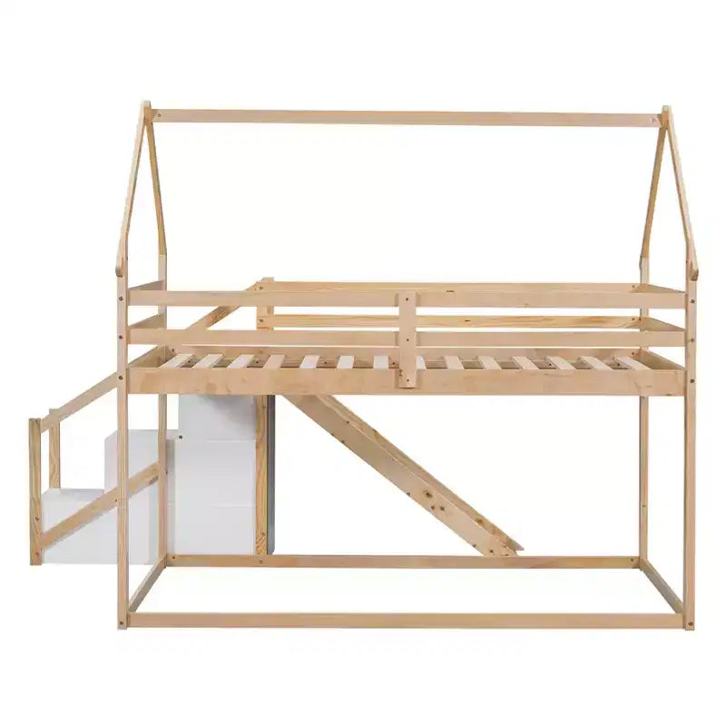 Whisen Twin over Twin Kids' House Bunk Bed with Slide, Stairs & Storage - Solid Pine & MDF, Space-Saving Fun
