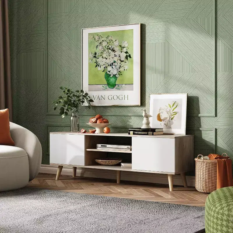 DEXYLLO TV Stand for 55 60 inch TV, Boho Entertainment Center with Storage Cabinets, TV Console for Living Room Decor