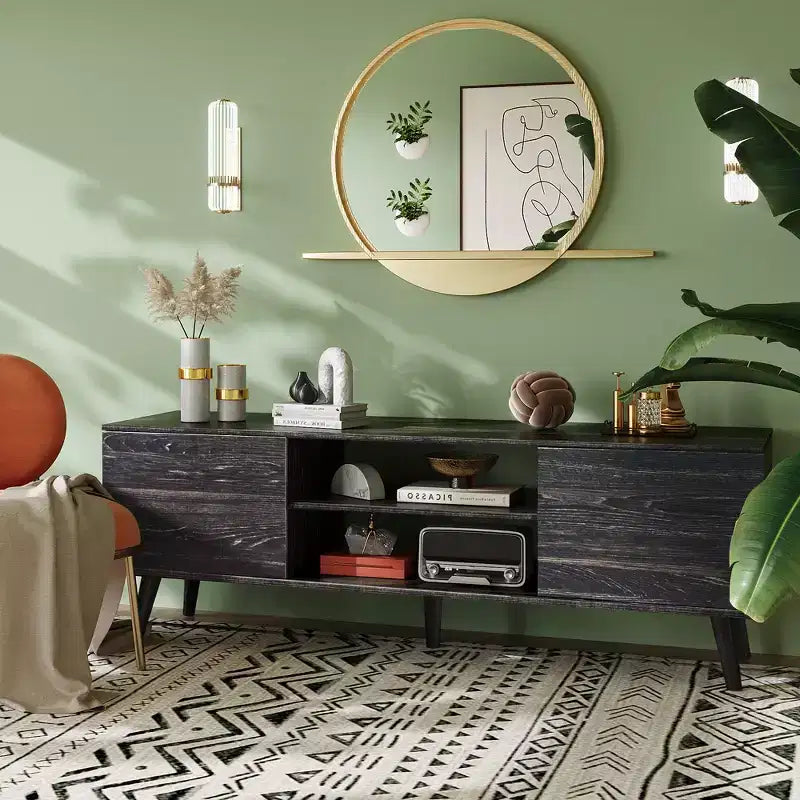 DEXYLLO TV Stand for 55 60 inch TV, Boho Entertainment Center with Storage Cabinets, TV Console for Living Room Decor