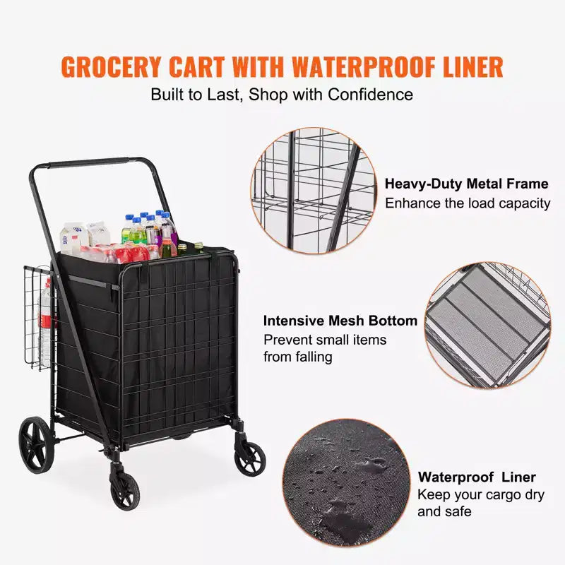 VEVOR Folding Shopping Cart with Removable Waterproof Liner, 210LBS Large Capacity Jumbo Grocery Cart with Dual Basket, 360 Swivel Wheels