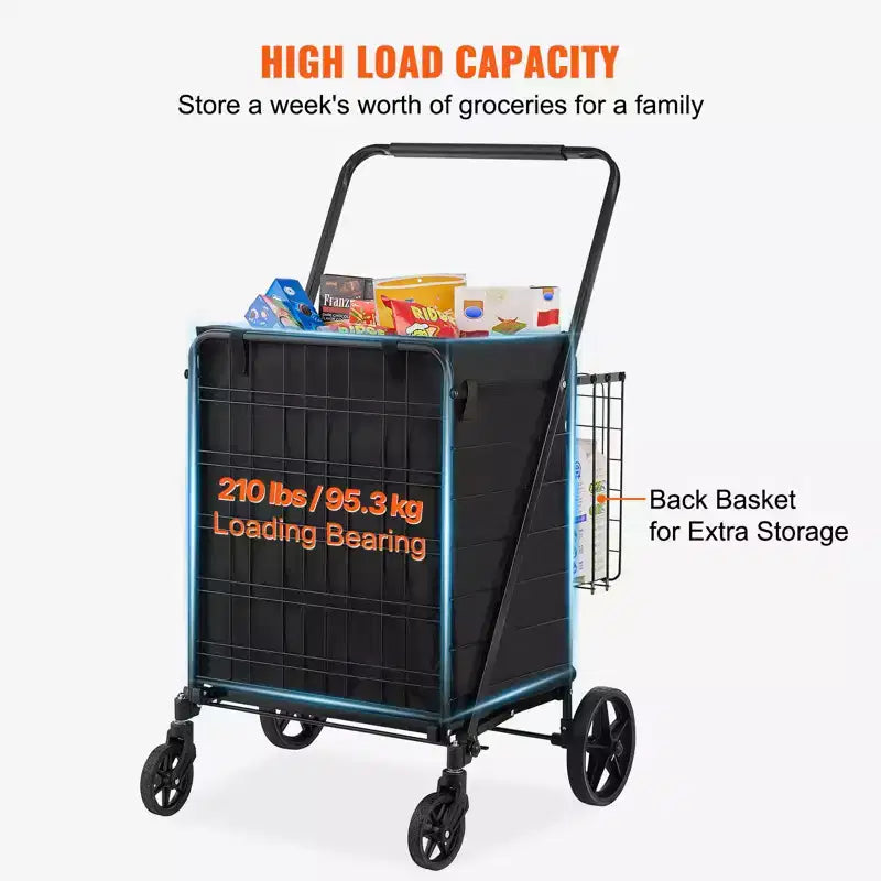 VEVOR Folding Shopping Cart with Removable Waterproof Liner, 210LBS Large Capacity Jumbo Grocery Cart with Dual Basket, 360 Swivel Wheels