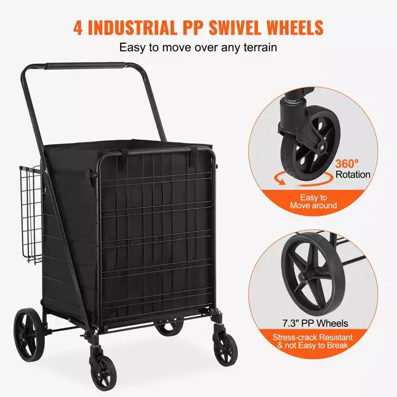VEVOR Folding Shopping Cart with Removable Waterproof Liner, 210LBS Large Capacity Jumbo Grocery Cart with Dual Basket, 360 Swivel Wheels