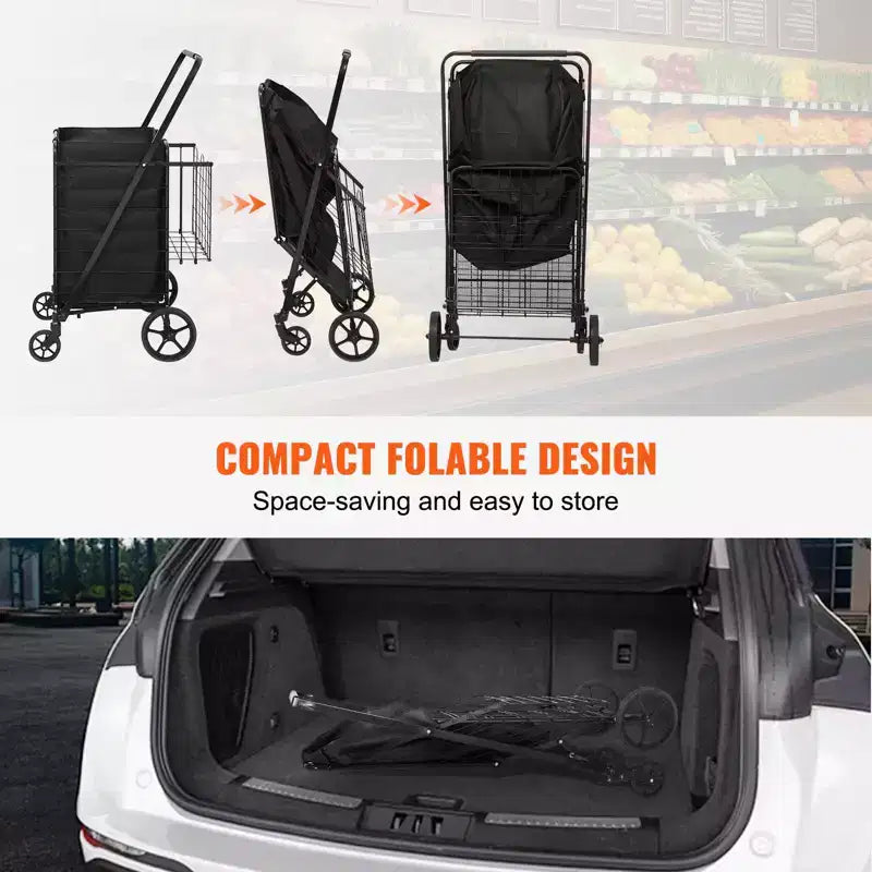 VEVOR Folding Shopping Cart with Removable Waterproof Liner, 210LBS Large Capacity Jumbo Grocery Cart with Dual Basket, 360 Swivel Wheels