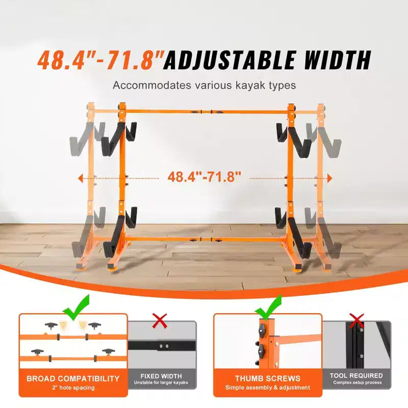 VEVOR Freestanding Kayak Storage Rack, Kayak Stand for 4 Kayak Canoe Paddleboard with Padded Arms and Adjustable Width, 220LBS Max Load