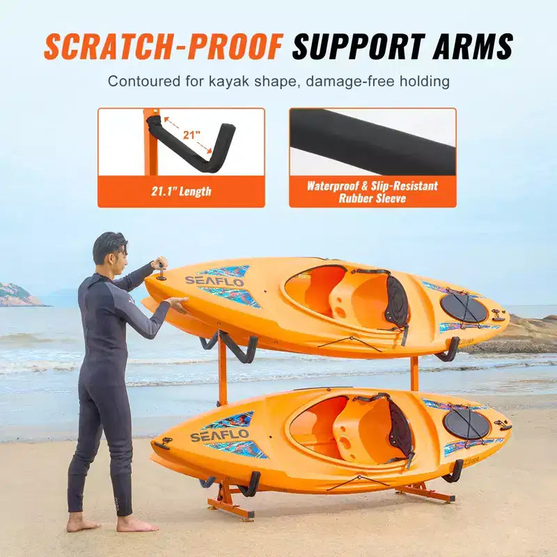 VEVOR Freestanding Kayak Storage Rack, Kayak Stand for 4 Kayak Canoe Paddleboard with Padded Arms and Adjustable Width, 220LBS Max Load