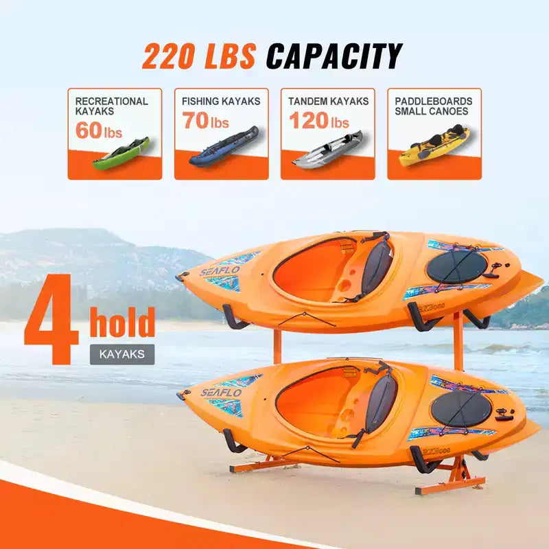 VEVOR Freestanding Kayak Storage Rack, Kayak Stand for 4 Kayak Canoe Paddleboard with Padded Arms and Adjustable Width, 220LBS Max Load