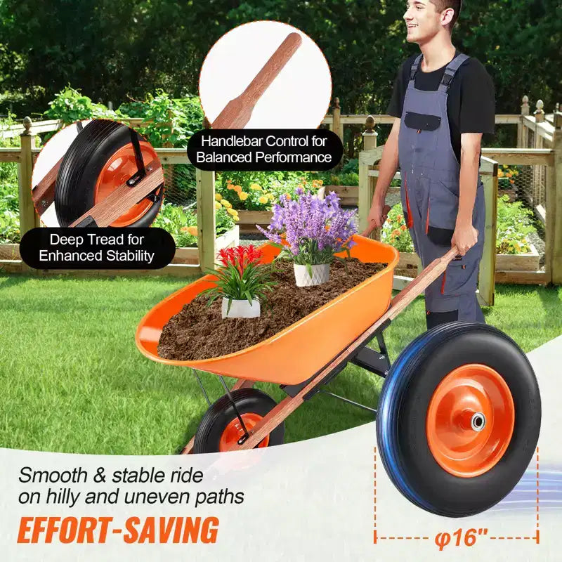 VEVOR Wheelbarrow Cart, 6 Cu. Ft. Load & 330 lbs Capacity, One Wheel Garden Dump Cart Wheel Barrow with Metal Handle & 16 Wide Track Wheels