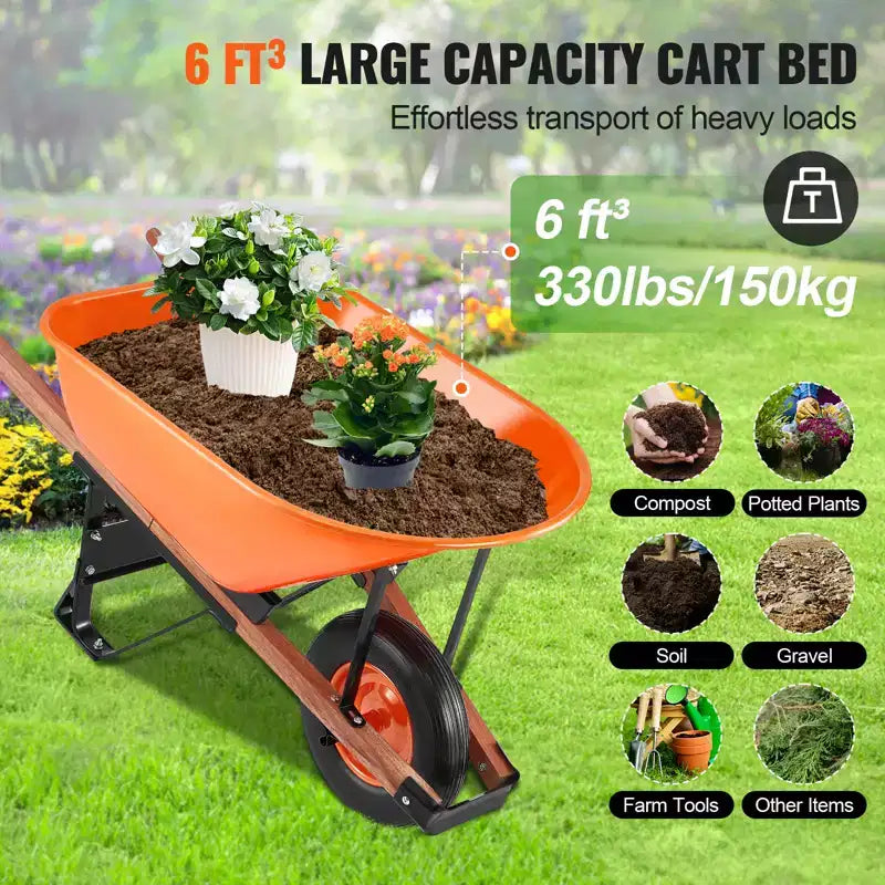 VEVOR Wheelbarrow Cart, 6 Cu. Ft. Load & 330 lbs Capacity, One Wheel Garden Dump Cart Wheel Barrow with Metal Handle & 16 Wide Track Wheels