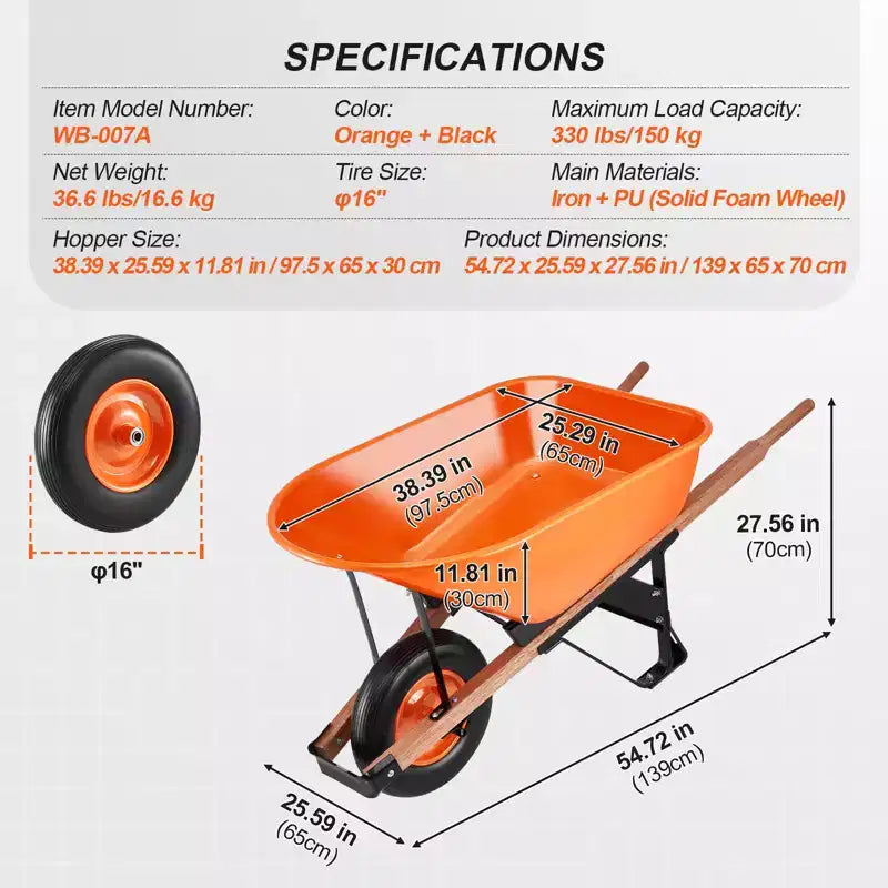 VEVOR Wheelbarrow Cart, 6 Cu. Ft. Load & 330 lbs Capacity, One Wheel Garden Dump Cart Wheel Barrow with Metal Handle & 16 Wide Track Wheels
