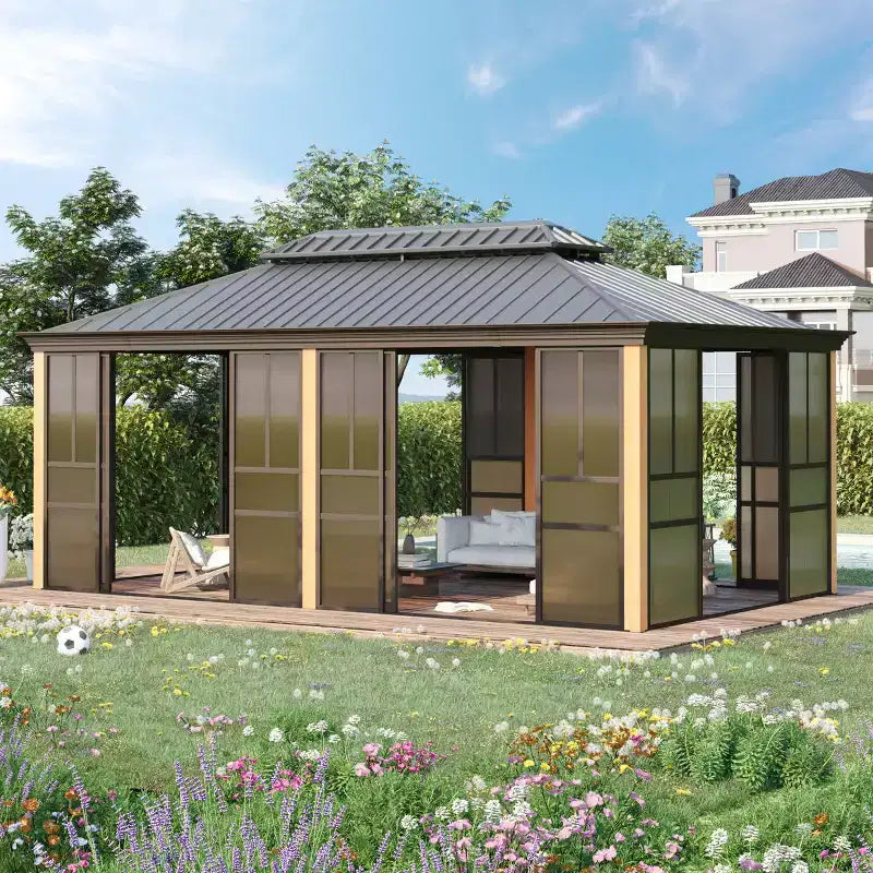 EROMMY 20 Ft. W X 12 Ft. D Outdoor Hardtop Gazebo, Double Top Galvanized Steel Roof Aluminum Sunroom