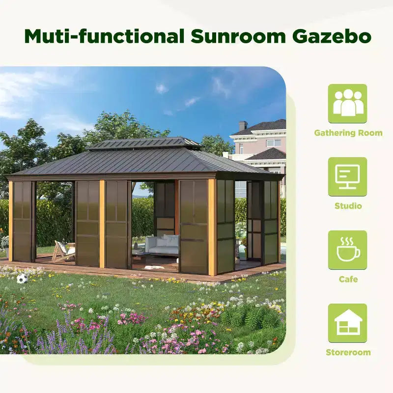 EROMMY 20 Ft. W X 12 Ft. D Outdoor Hardtop Gazebo, Double Top Galvanized Steel Roof Aluminum Sunroom