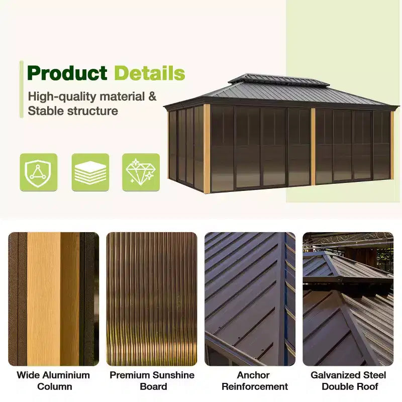 EROMMY 20 Ft. W X 12 Ft. D Outdoor Hardtop Gazebo, Double Top Galvanized Steel Roof Aluminum Sunroom