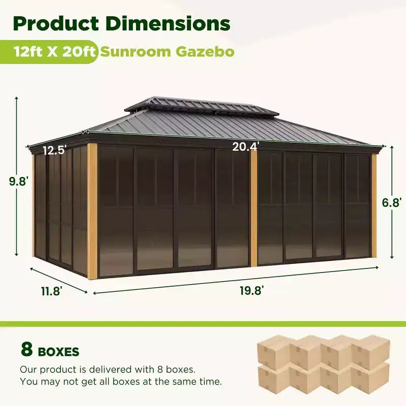 EROMMY 20 Ft. W X 12 Ft. D Outdoor Hardtop Gazebo, Double Top Galvanized Steel Roof Aluminum Sunroom