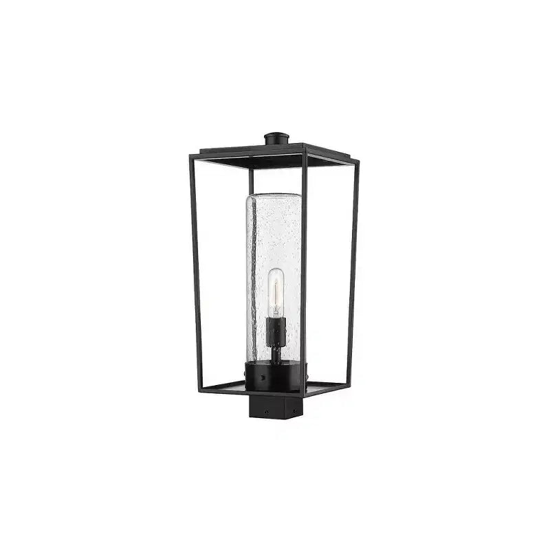 Sheridan 1-Light Outdoor Post Mount Fixture - Black Steel Lantern with Seedy Glass Shade