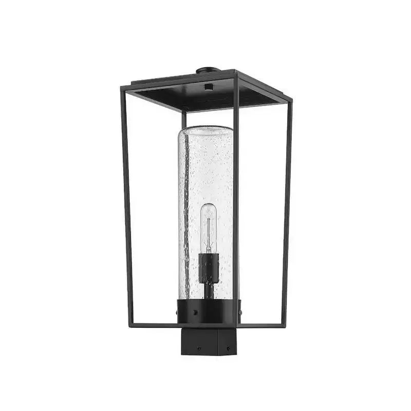Sheridan 1-Light Outdoor Post Mount Fixture - Black Steel Lantern with Seedy Glass Shade